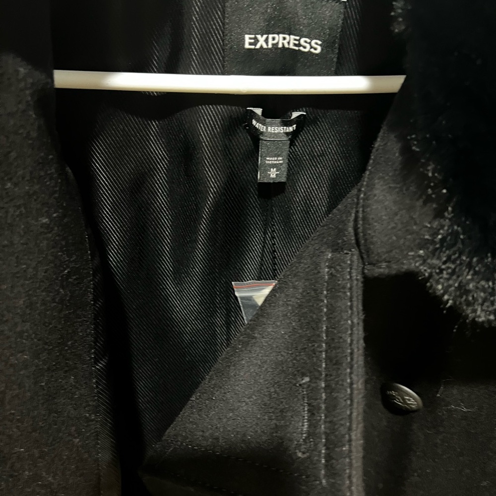Express black peacoat with removable fur collar. Brand new